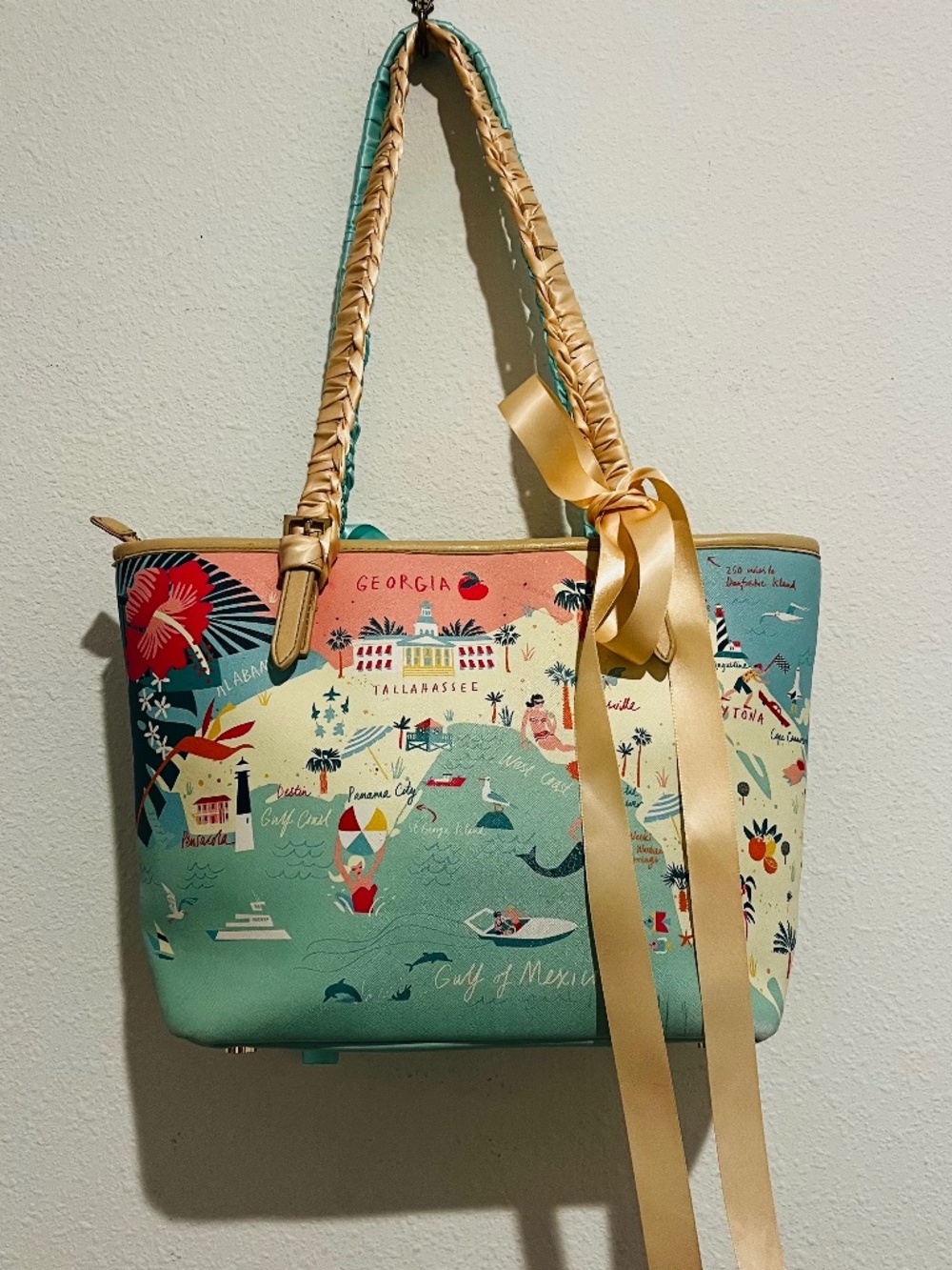 Spartina 449 Retired Florida Map Tote Mermaid Satin Ribbon Handles - Picture 3 of 17